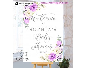 Purple Ivory Baby Shower Welcome Sign template,(144)